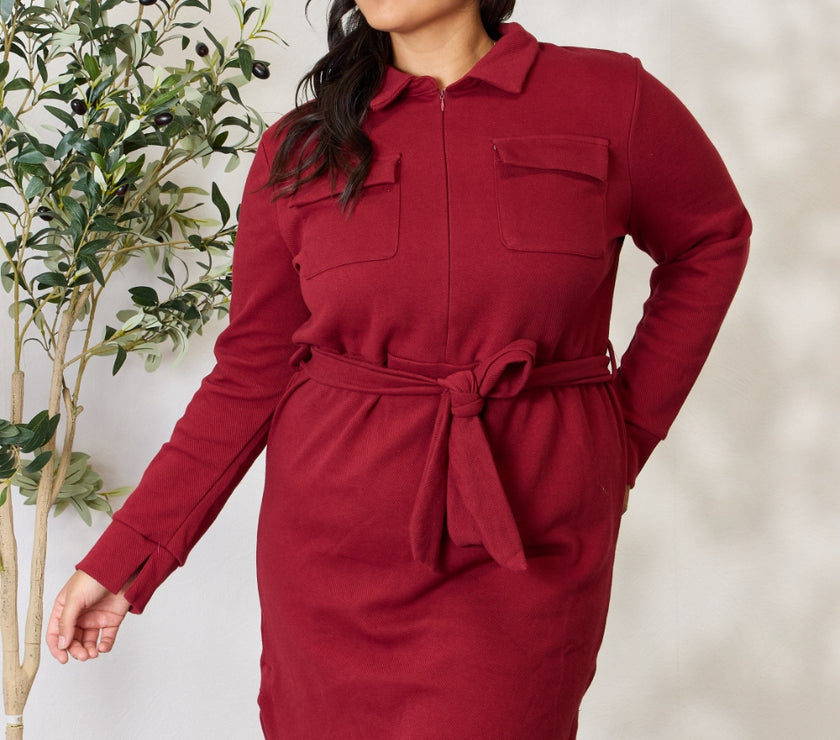 Culture Code Full Size Tie Front Half Zip Long Sleeve Shirt Dress
