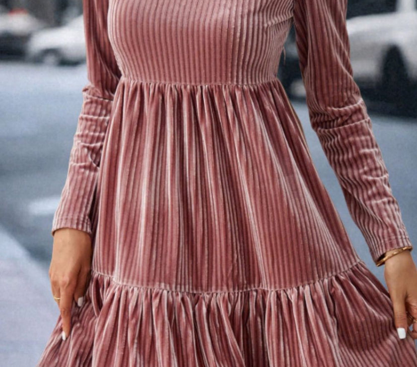 Ruffle Hem Round Neck Long Sleeve Dress