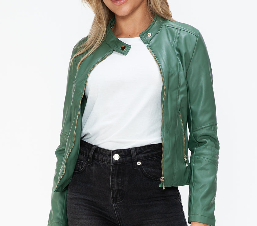 Snobbish Faux Leather Zip Up Drawstring Hooded Jacket