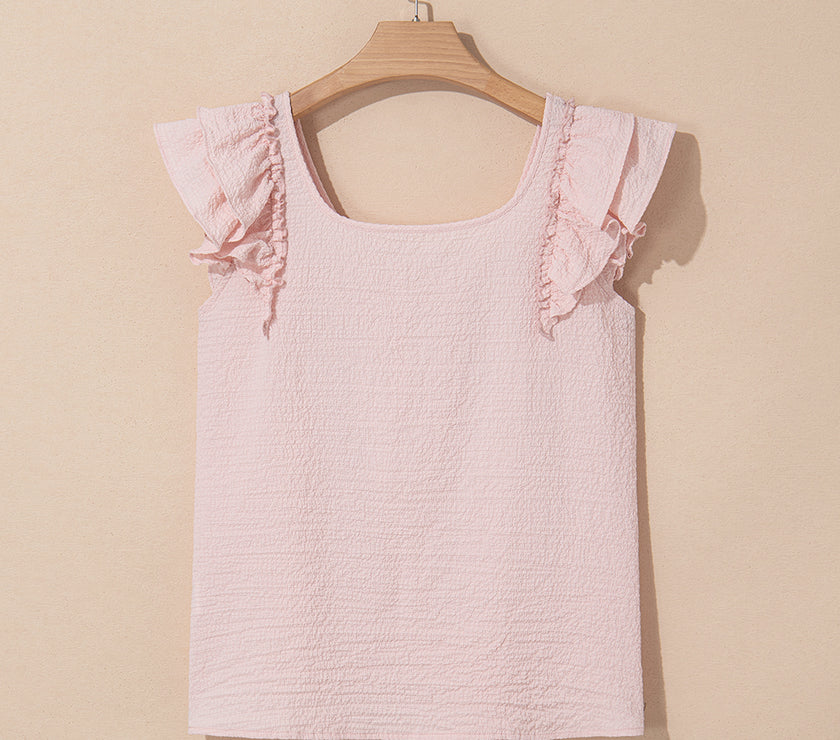 Gossamer Pink Textured Bow Knot Frilled Butterfly Sleeve Blouse