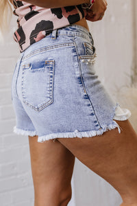 Beau Blue Pearl Studded Pockets Raw Hem Denim Shorts
