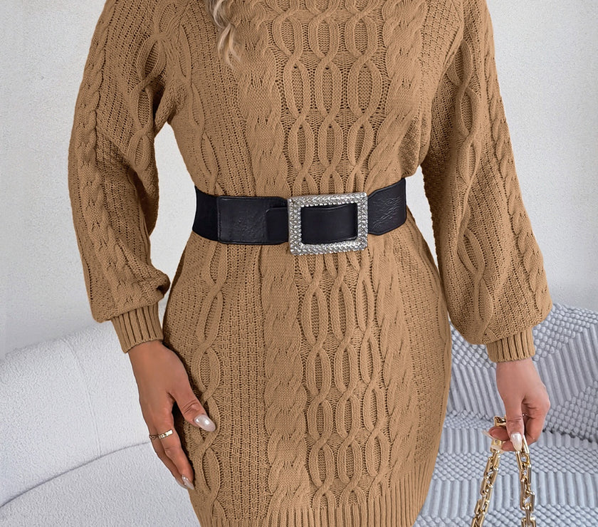 Cable-Knit Round Neck Sweater Dress