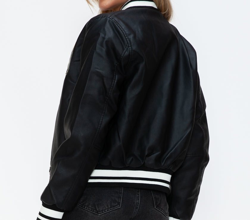 Love Me Now PU Leather Contrast Snap Down Bomber Jacket
