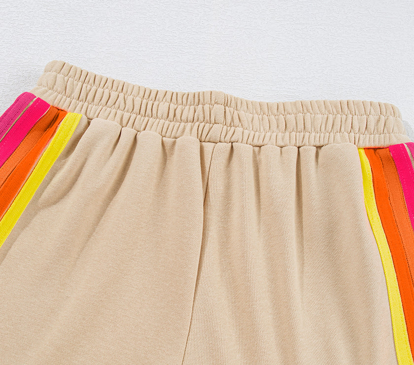 Apricot Striped Accent Pullover and Shorts Two Piece Casual Set