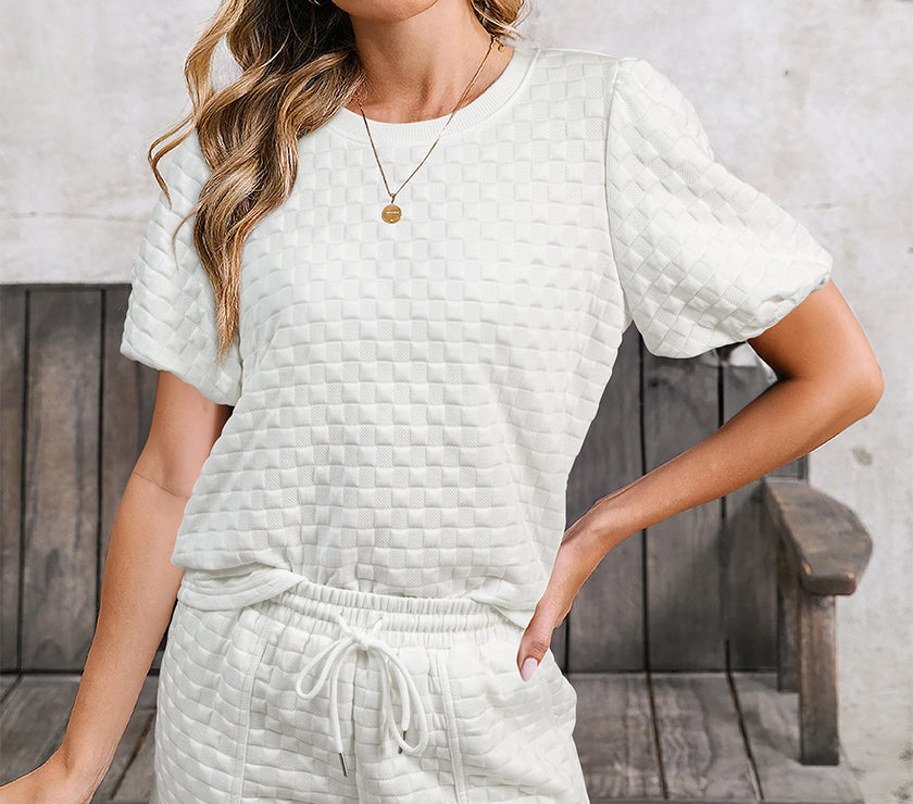 White Solid Color Checkered Texture Short 2pcs Outfit