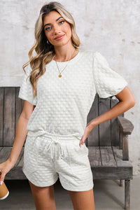 White Solid Color Checkered Texture Short 2pcs Outfit