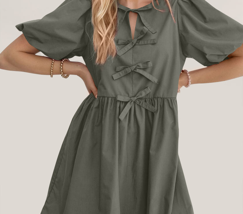Oh Bow Ruched Puff Sleeve Mini Dress