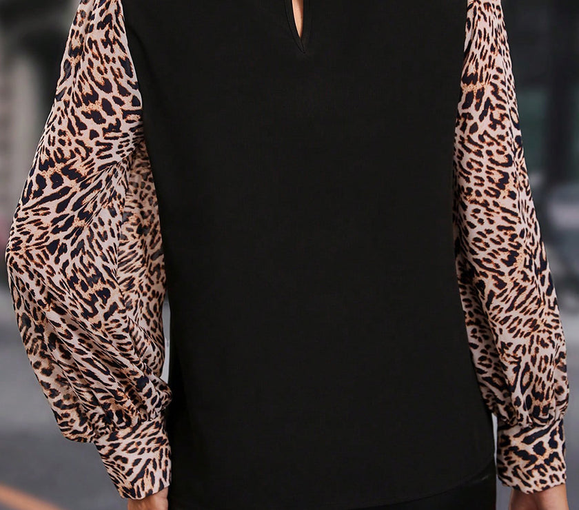 Leopard Mock Neck Lantern Sleeve Blouse