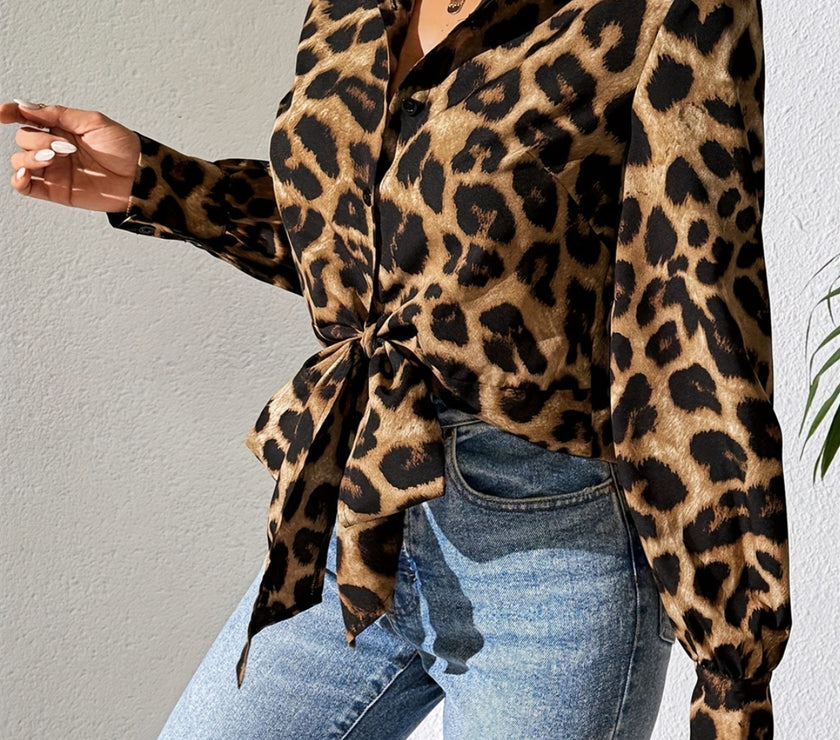 Leopard Collared Neck Long Sleeve Shirt
