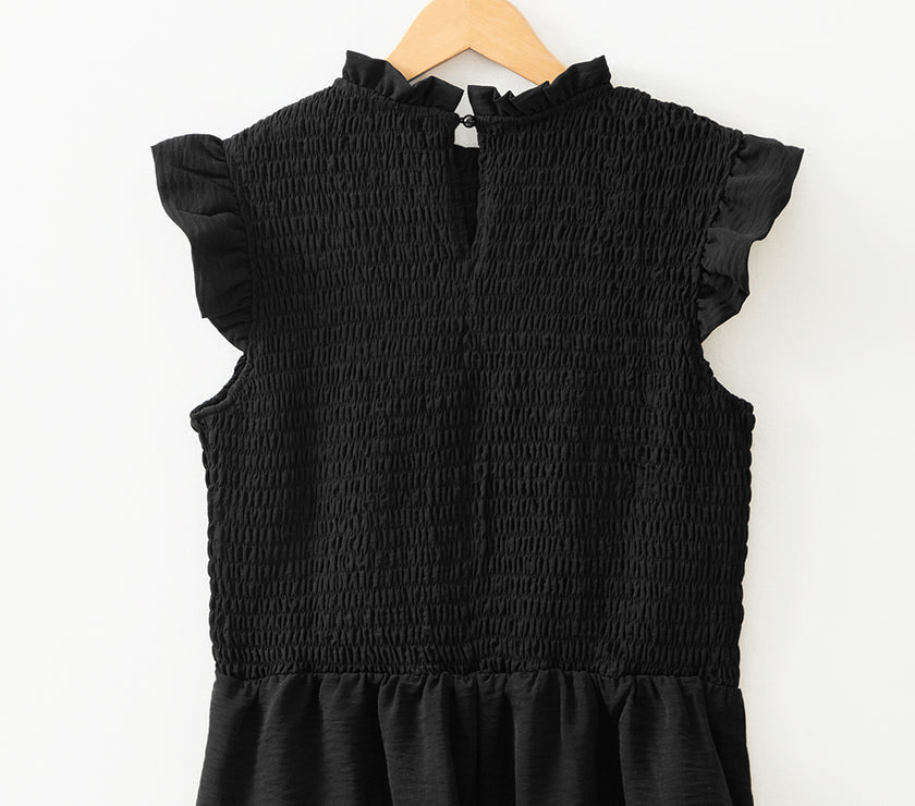 Black Ruffle Short Sleeve Shirred Peplum Top