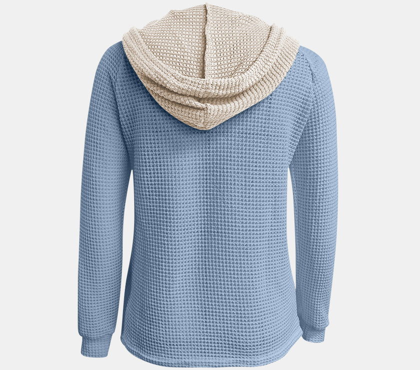 Full Size Waffle-Knit Contrast Long Sleeve Hoodie