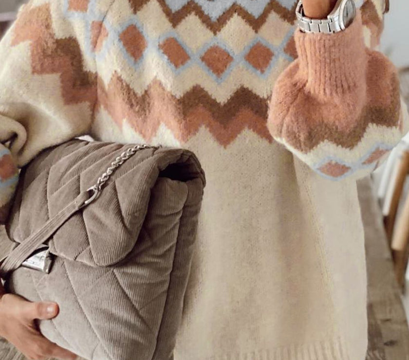 Geometric Mock Neck Long Sleeve Sweater