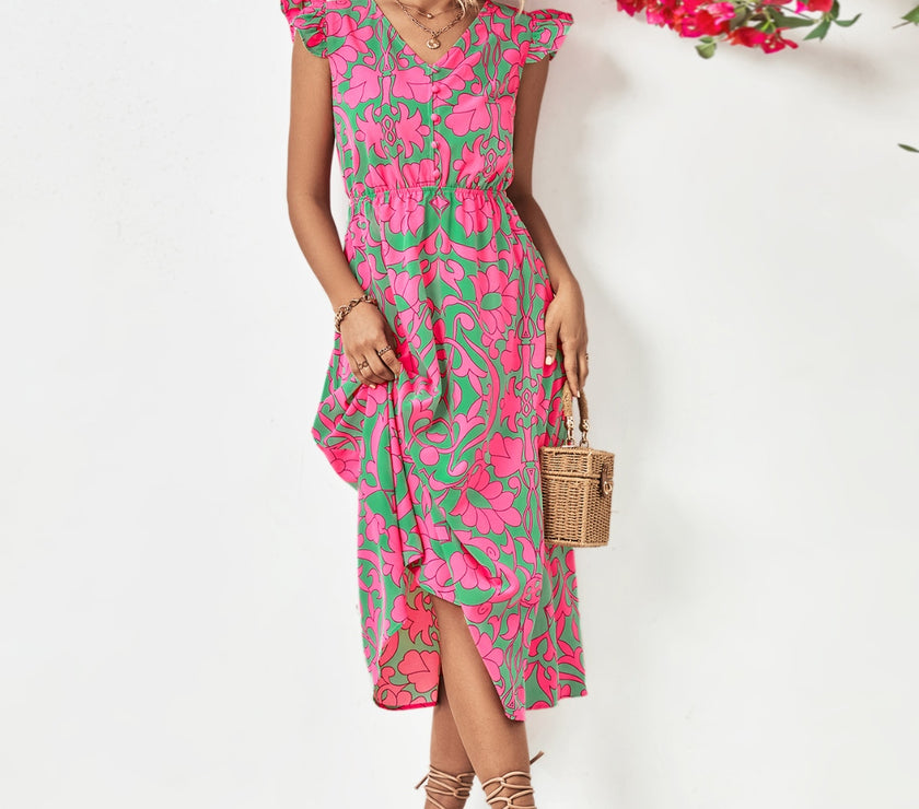 Printed V-Neck Cap Sleeve Dress