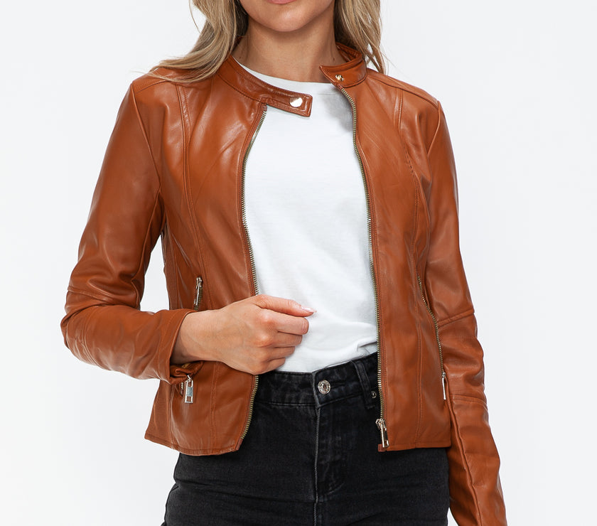 Snobbish Faux Leather Zip Up Drawstring Hooded Jacket