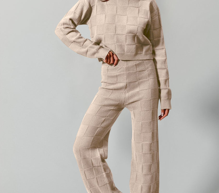 Double Take Full Size Checkered Round Neck Top and Pants Set