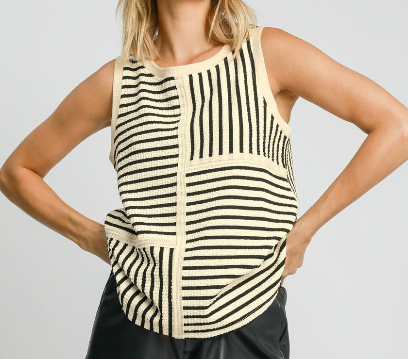 Umgee Round Neck Texture Striped Tank