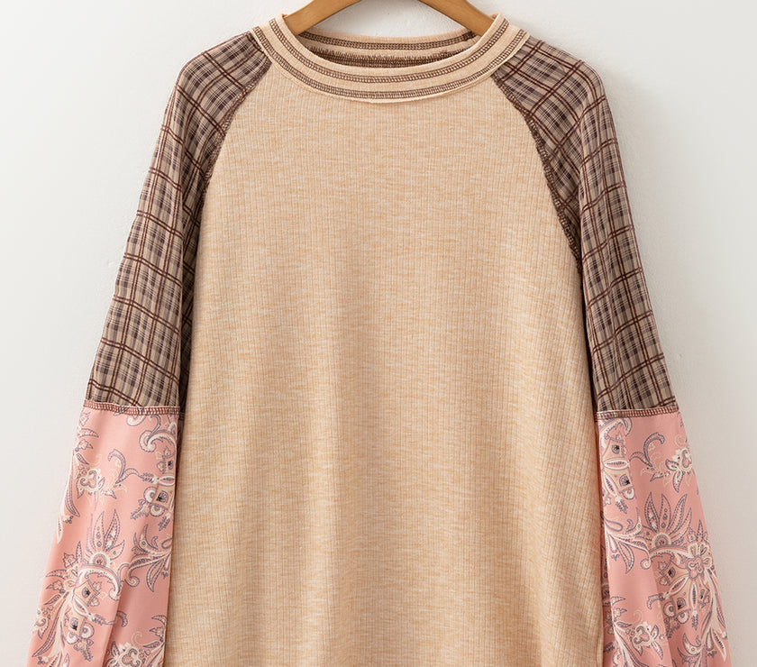 Plaid Floral Patchwork Round Neck Long Sleeve Top