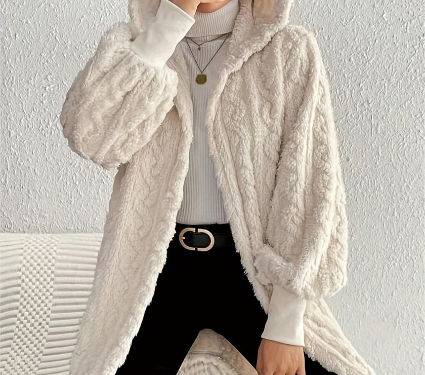 Open Front Long Sleeve Fuzzy Hooded Jacket