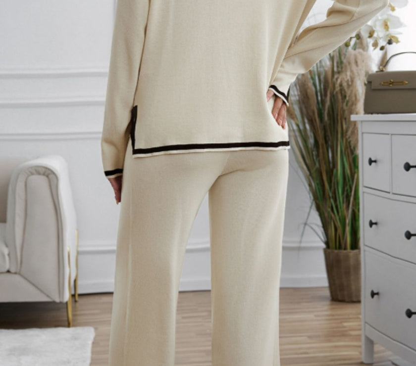 Contrast Trim Round Neck Top and Pants Sweater Set