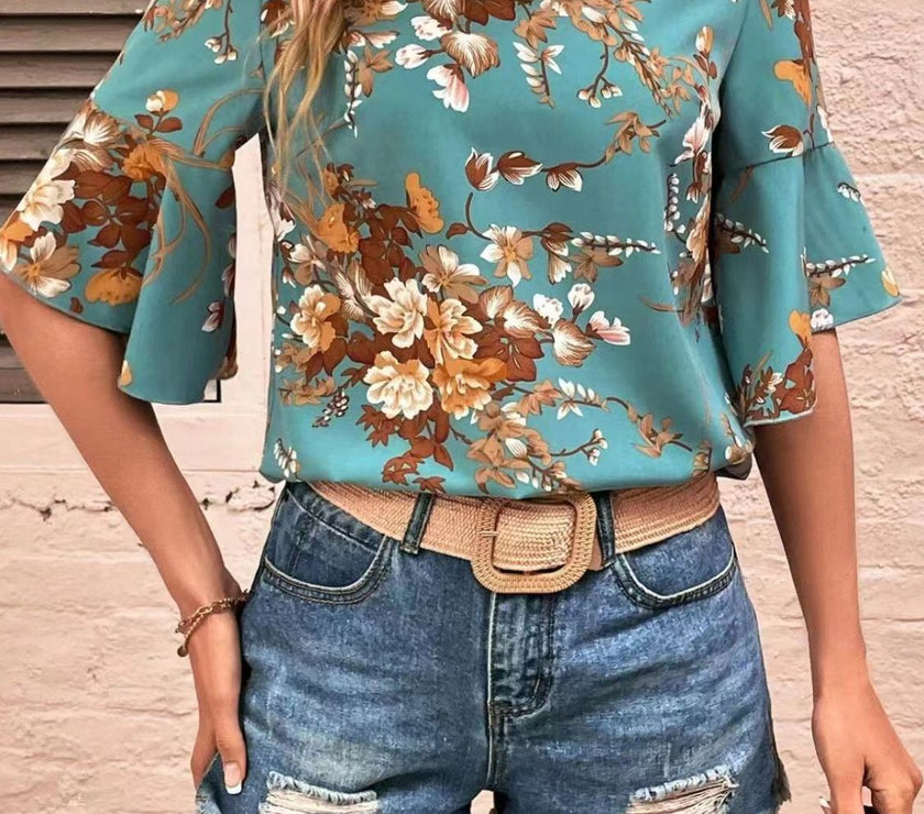 Printed Round Neck Half Sleeve Blouse