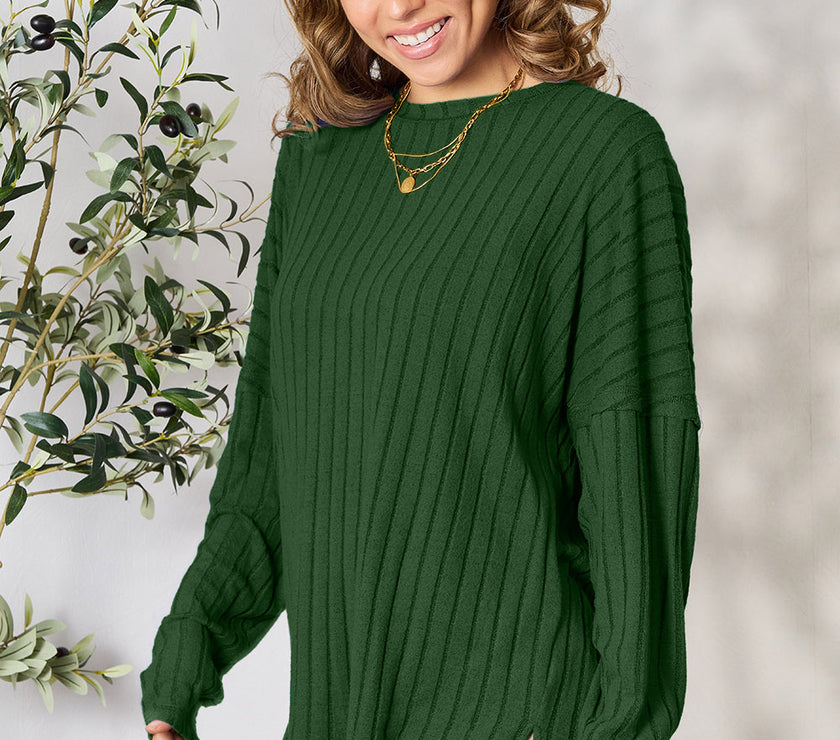 Basic Bae Full Size Ribbed Round Neck Slit Knit Top