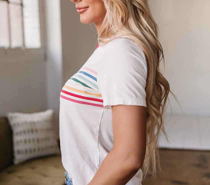 White Rainbow Stripe Print Contrast Crewneck T Shirt