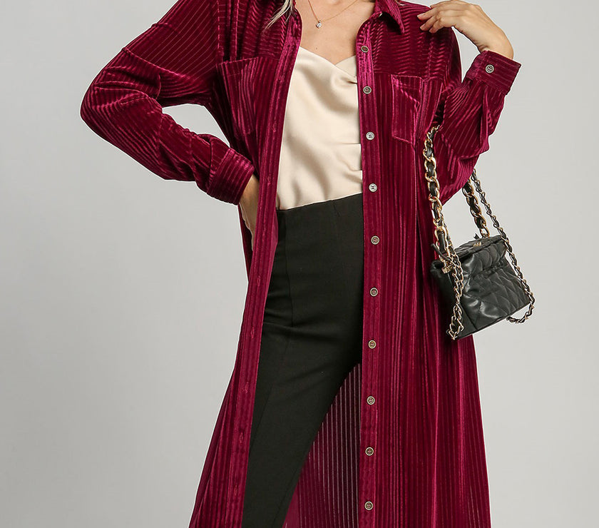 Umgee Texture Curved Hem Button Down Shirt Dress