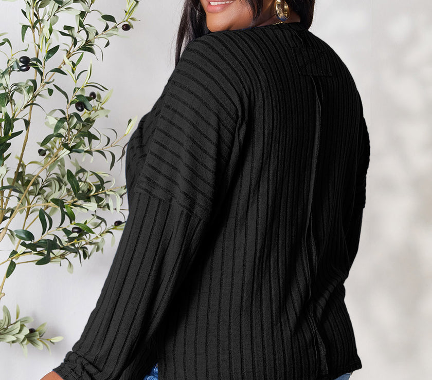 Basic Bae Full Size Ribbed Round Neck Slit Knit Top