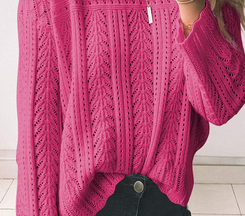 Openwork Round Neck Long Sleeve Knit Top