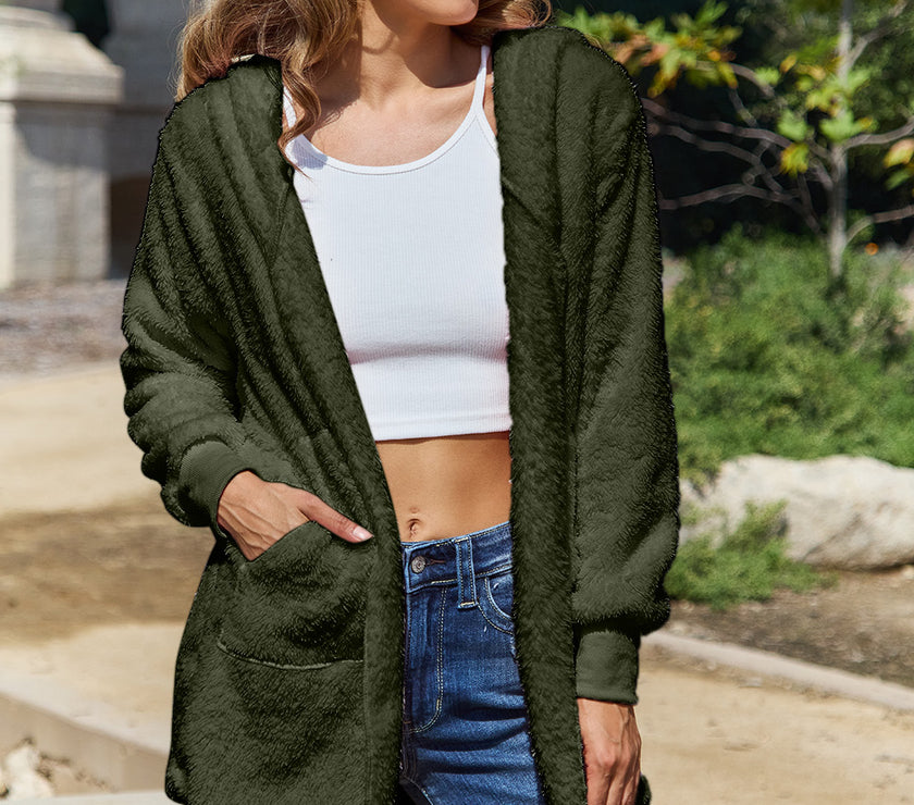 Full Size Teddy Hooded Jacket with Pockets