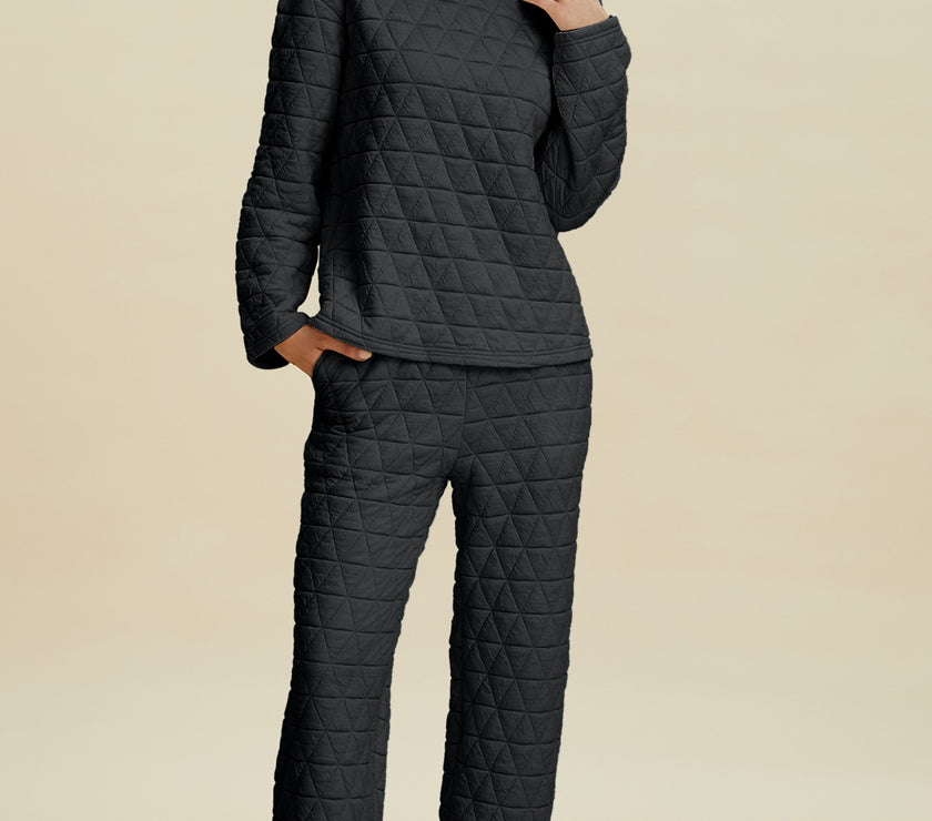 Double Take Full Size Texture Round Neck Long Sleeve Top and Pants Set