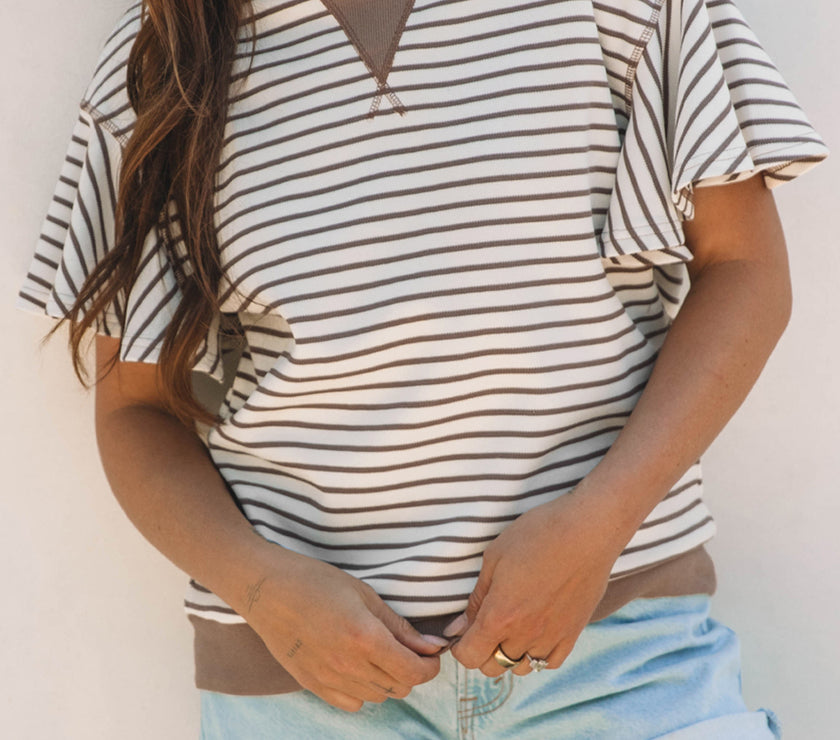 Parchment Contrast Detail Striped Ruffle Short Sleeve Top