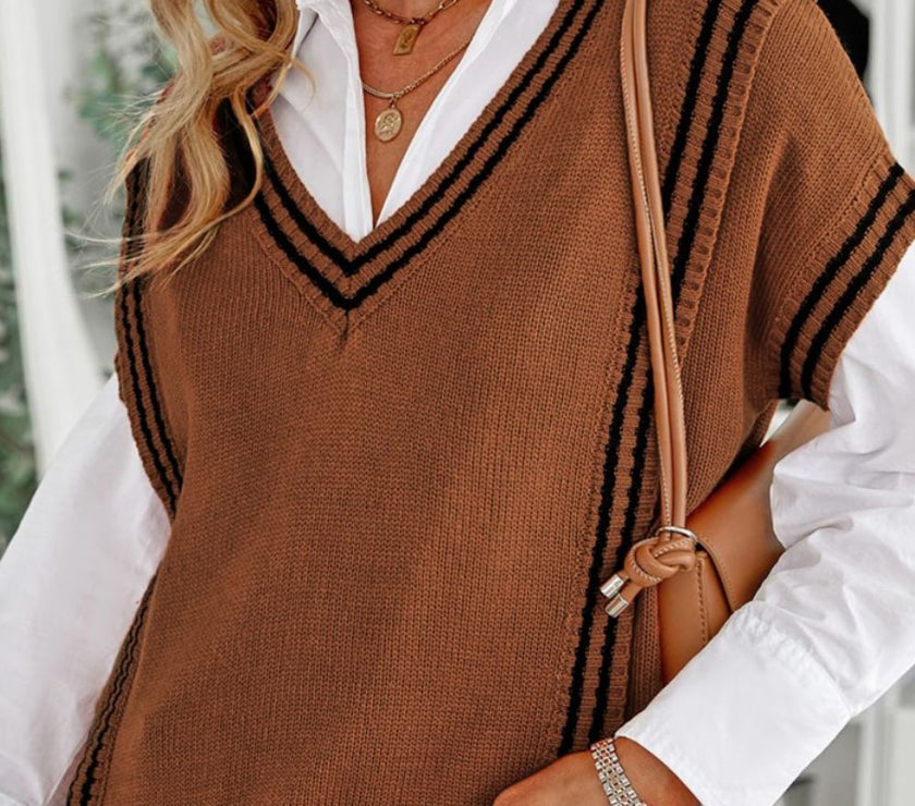 Striped Trim V-Neck Sweater Vest