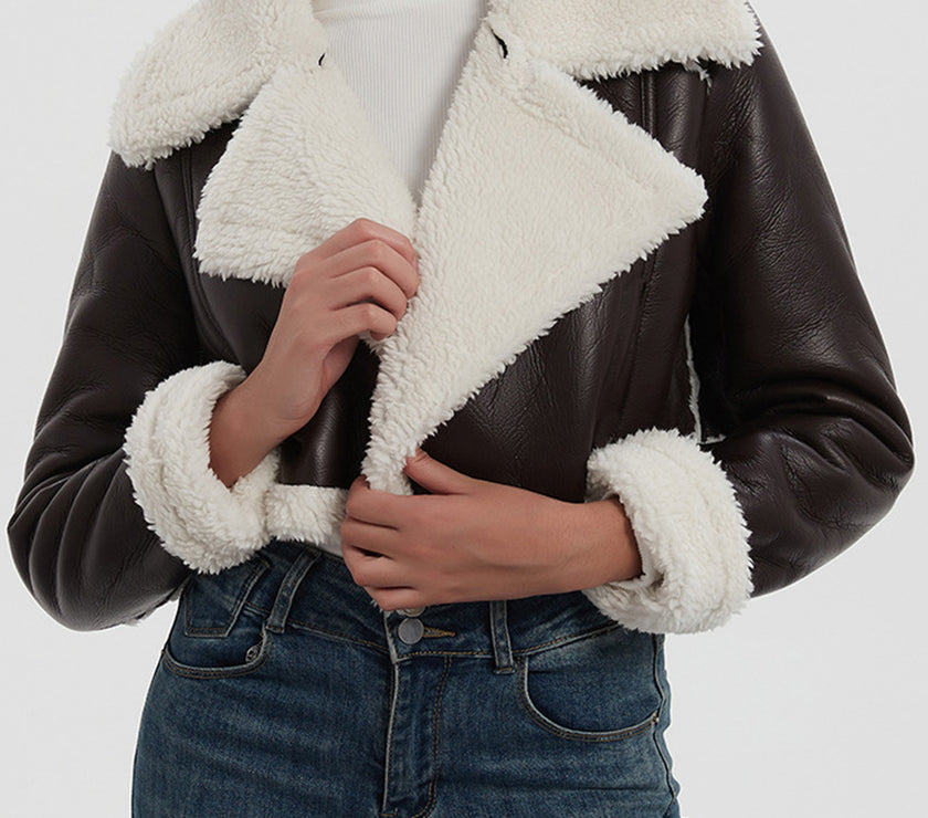 Collared Neck Long Sleeve Plush Cropped Jacket