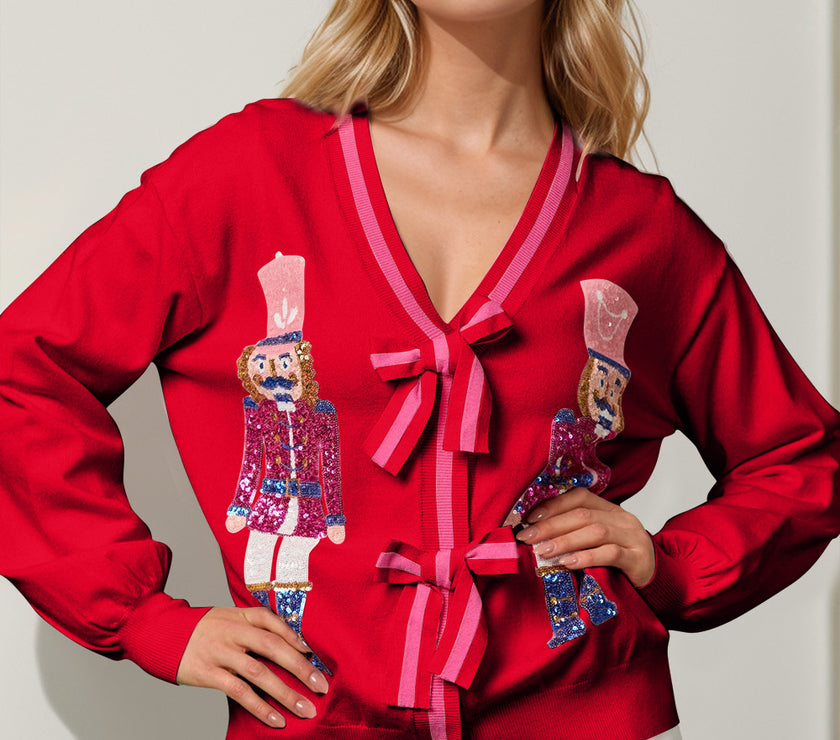 Double Take Full Size Nutcracker Sequin Bow Decor Cardigan