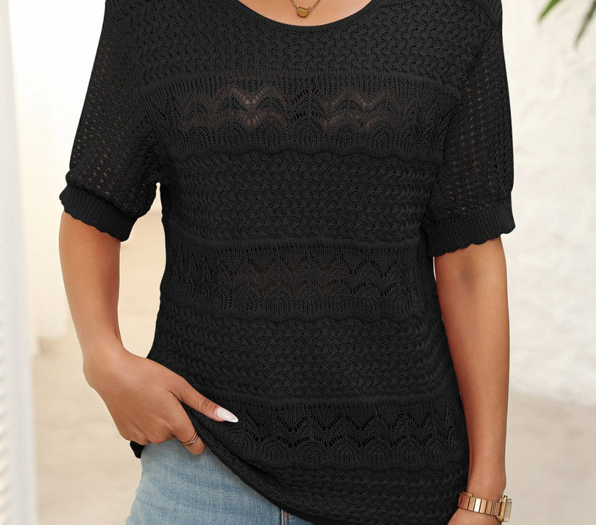 Mandy Openwork Round Neck Half Sleeve Knit Top