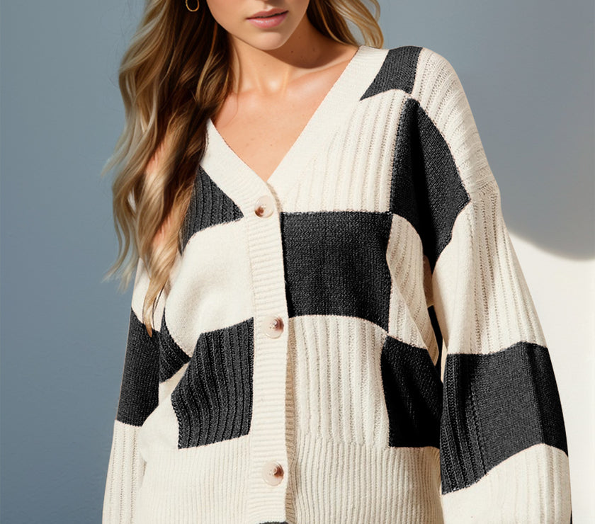 Double Take Full Size Checkered Dropped Shoulder Cardigan