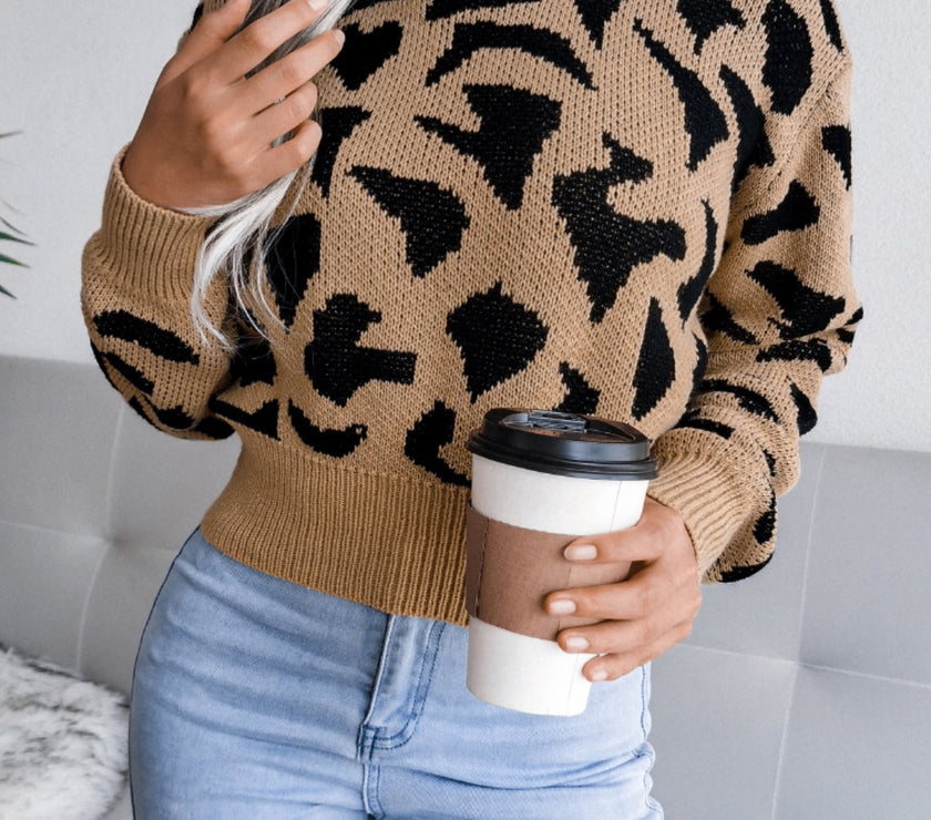 Leopard Round Neck Dropped Shoulder Sweater