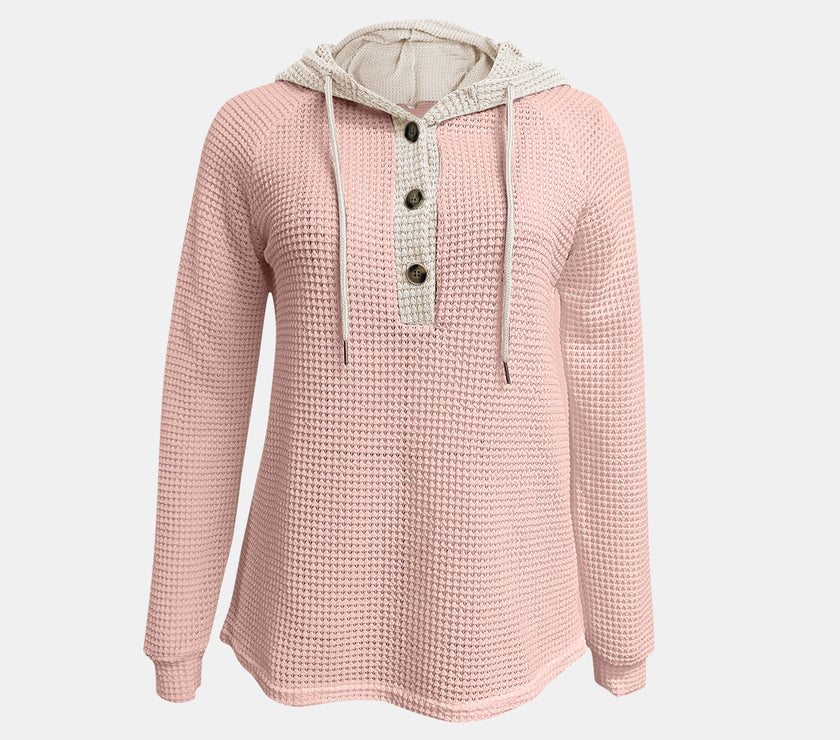 Full Size Waffle-Knit Contrast Long Sleeve Hoodie