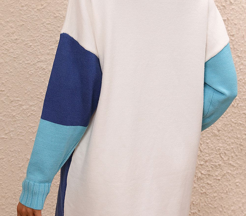 Color Block Mock Neck Dropped Shoulder Sweater Dress