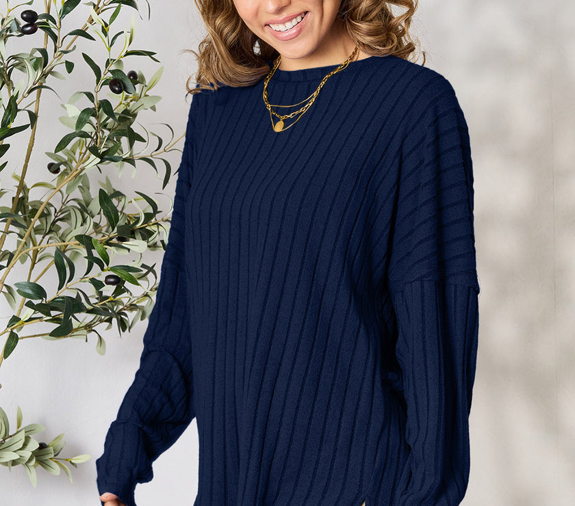 Basic Bae Full Size Ribbed Round Neck Slit Knit Top