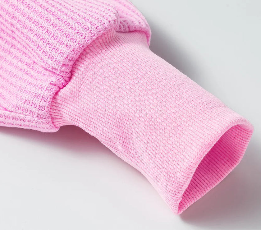 Waffle-Knit V-Neck Long Sleeve Blouse