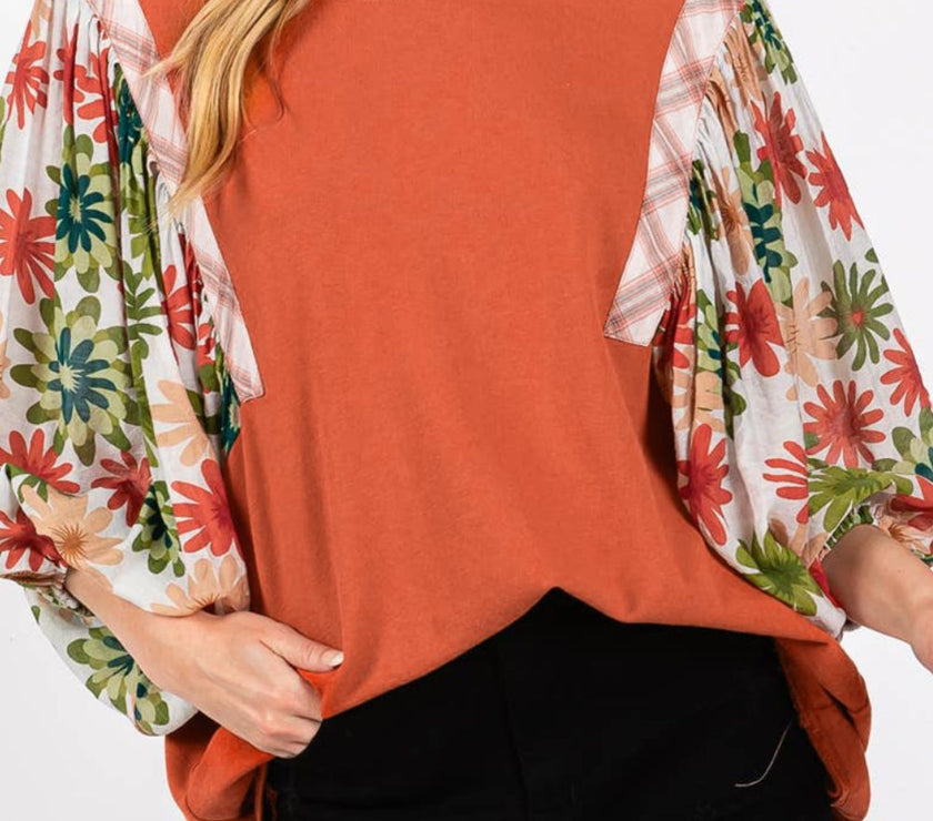 Printed Round Neck Balloon Sleeve Blouse