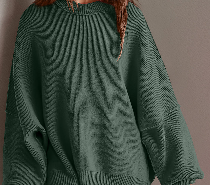 Double Take Side Slit Round Neck Long Sleeve Sweater