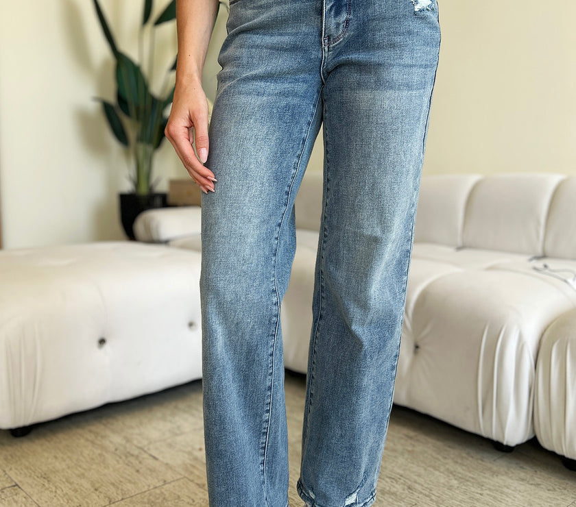 Judy Blue Full Size Mid Rise Distressed Straight Jeans