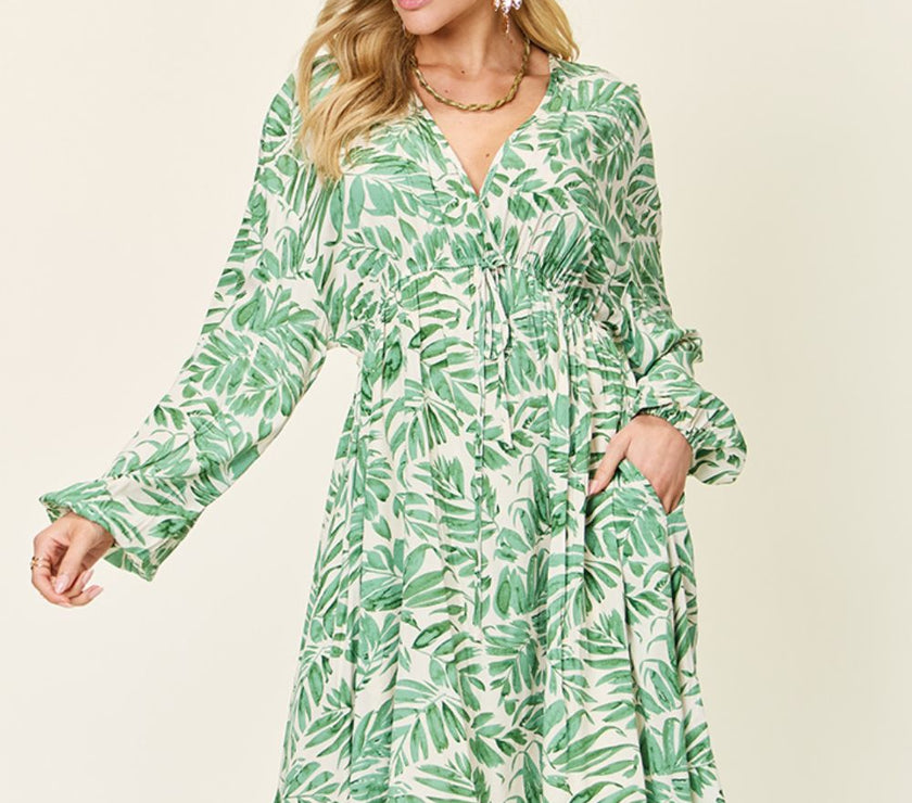 Double Take Full Size Printed Ruched Balloon Sleeve Dress