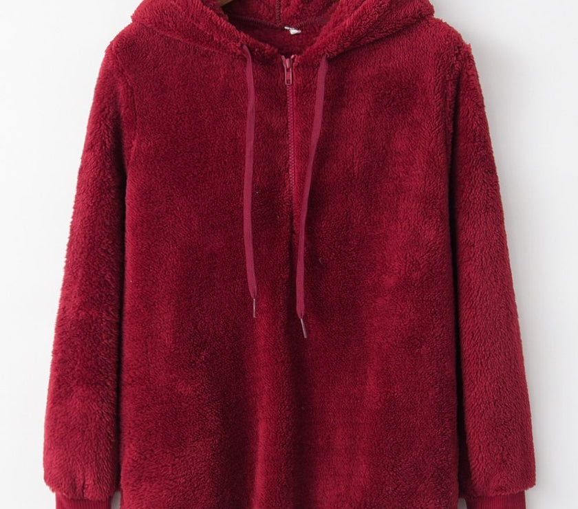 Full Size Quarter-Zip Drawstring Teddy Hoodie