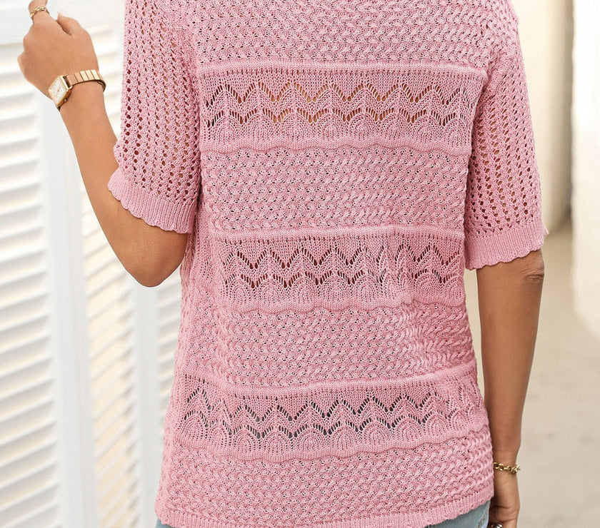 Mandy Openwork Round Neck Half Sleeve Knit Top
