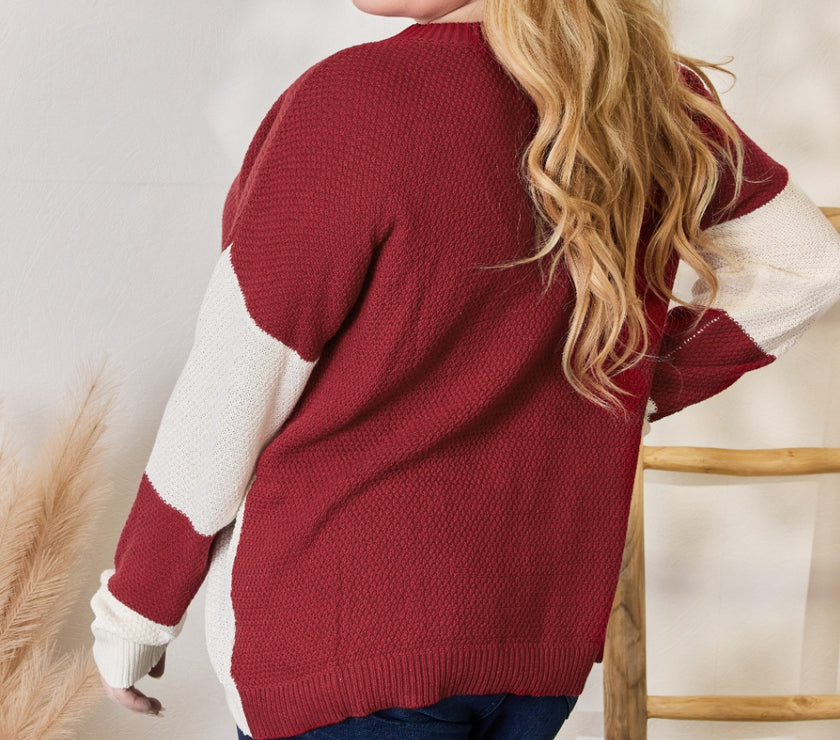 Hailey & Co Full Size Color Block Dropped Shoulder Knit Top