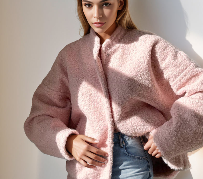 Double Take Plush Mock Neck Snap Down Jacket with Pockets